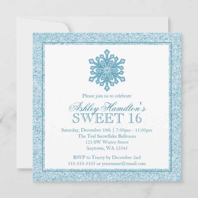 Glitter Snowflake Teal Sweet 16 Winter Wonderland Invitation (Front)