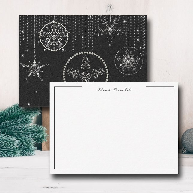 Glitter Snowflakes Black White Elegant Classy Chic Card (christmas thank you card couple wedding holidays winter snowflakes rhinestones glitter black white )