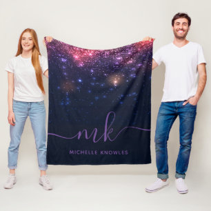 Glitter Space Galaxy Modern Script Monogram Fleece Blanket