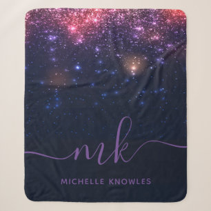 Glitter Space Galaxy Modern Script Monogram Sherpa Blanket