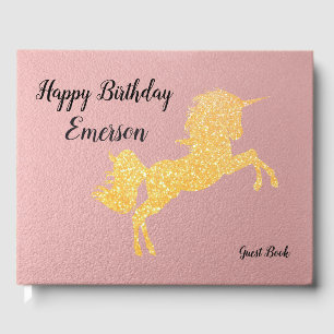 Glitter Sparkle Magical Gold Unicorn on Rose Gold Guest Book