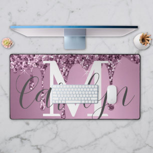 Glitter Sparkle Rose Blush Girly Pink Name Desk Mat
