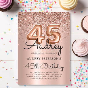 Glitter Sparkle Rose Gold Balloon 45th Birthday  Invitation
