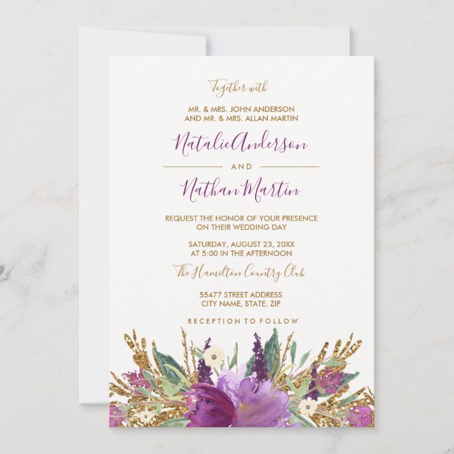 Glitter Sparkling Amethyst Wedding Invitation (Front)