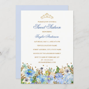 Glitter Sparkling Blue Floral Sweet Sixteen Invite