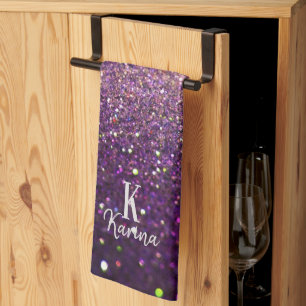 Glitter sparkling purple silver name monogrammed tea towel