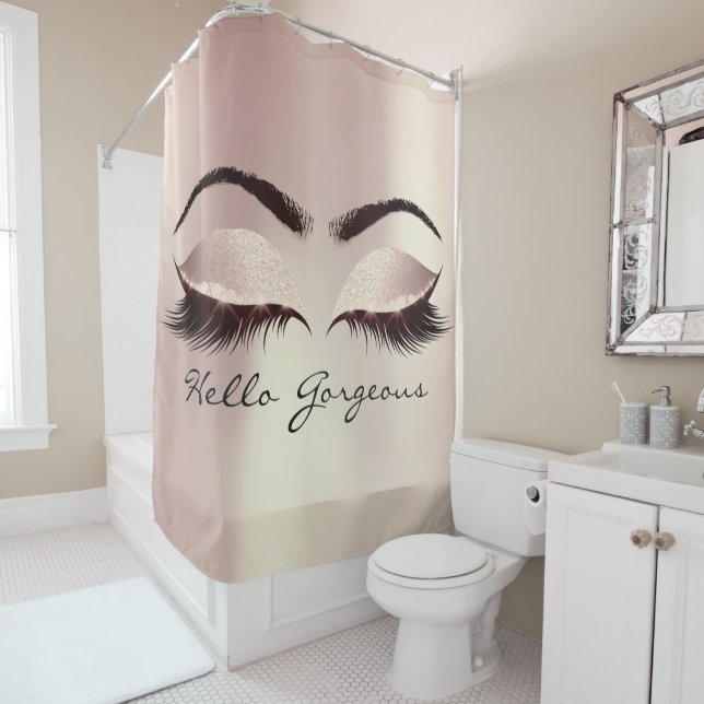 Glitter Sparkly Hello Gorgeous Girly Pink Eyes Shower Curtain (In Situ)