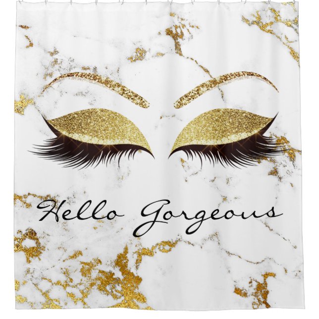 Glitter Sparkly Hello Gorgeous Marble Gold Eyes Shower Curtain (Front)