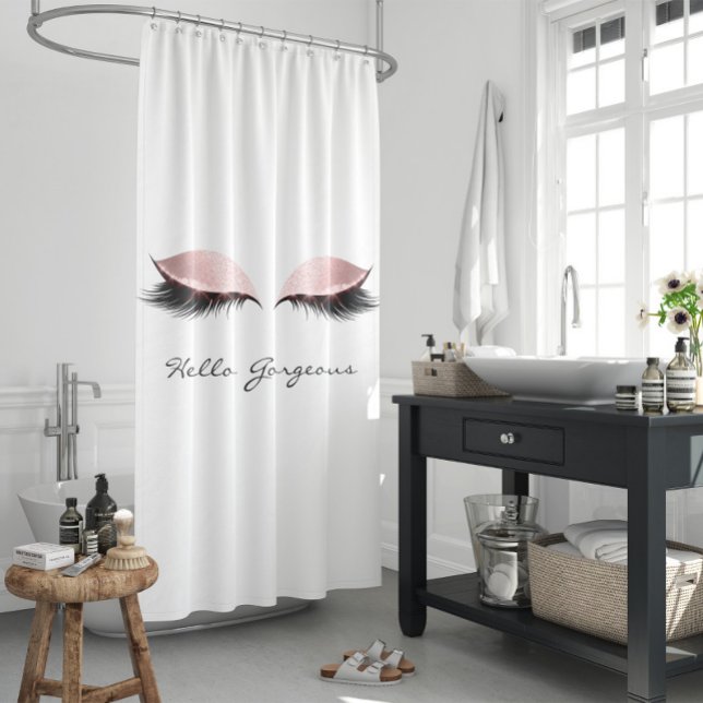 Glitter Sparkly Hello Gorgeous White Pink Eyes Shower Curtain (Creator Uploaded)