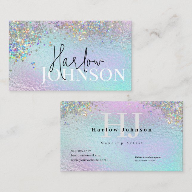 Glitter Sparkly Iridescent Foil Signature Monogram Business Card (Front/Back)