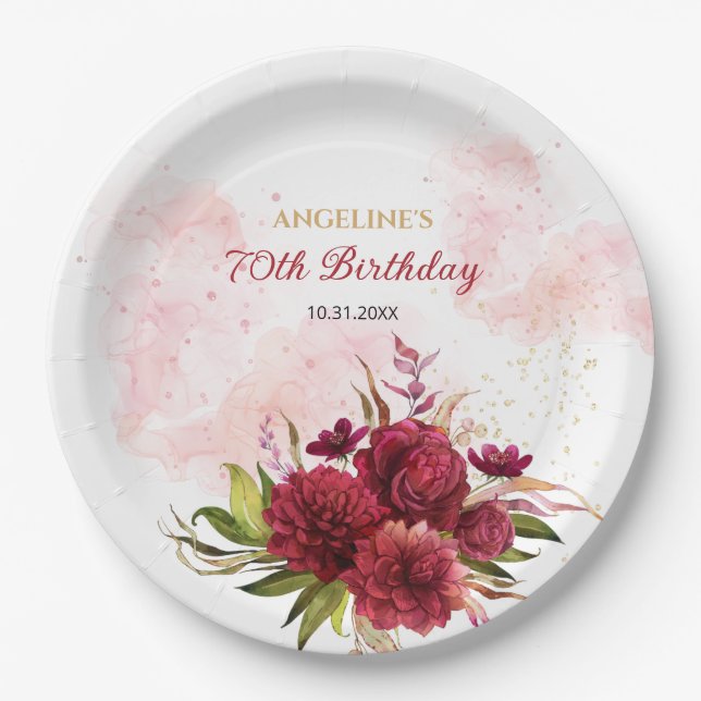 Glitter Splash Burgundy Dahlia Rose Birthday Paper Plate (Front)
