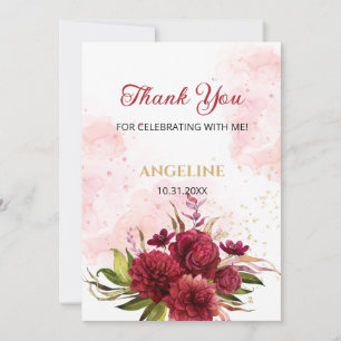 Glitter Splash Burgundy Dahlia Rose Birthday Thank You Card