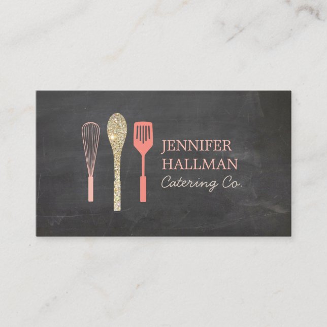 Glitter Spoon Whisk Spatula Logo on Chalkboard Business Card (Front)