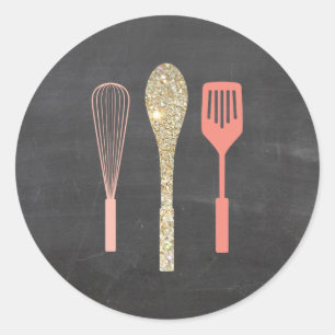 Glitter Spoon Whisk Spatula on Chalkboard Classic Round Sticker