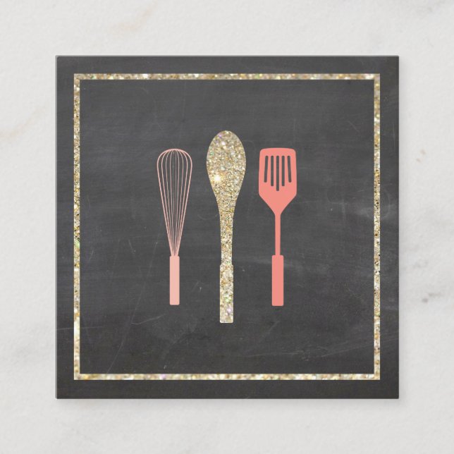 Glitter Spoon Whisk Spatula on Chalkboard Square Business Card (Front)