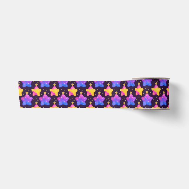 Glitter Star Pattern in Galaxy Colors Satin Ribbon (Front)