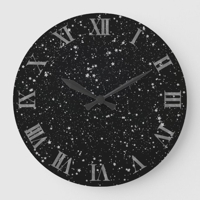Glitter Stars2 - Silver Black Large Clock (Front)