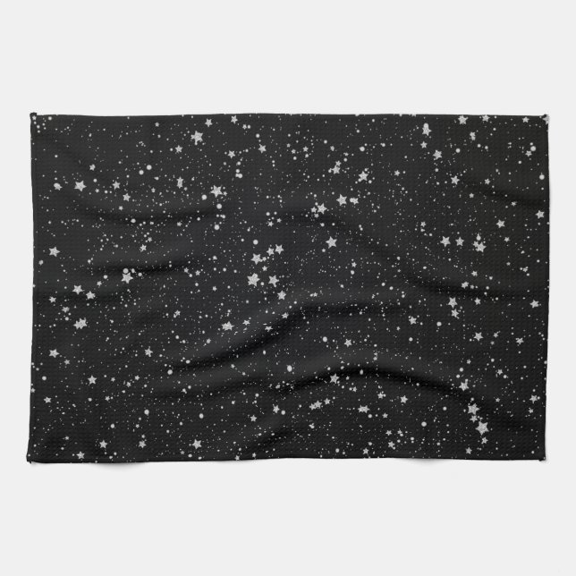 Glitter Stars2 - Silver Black Tea Towel (Horizontal)