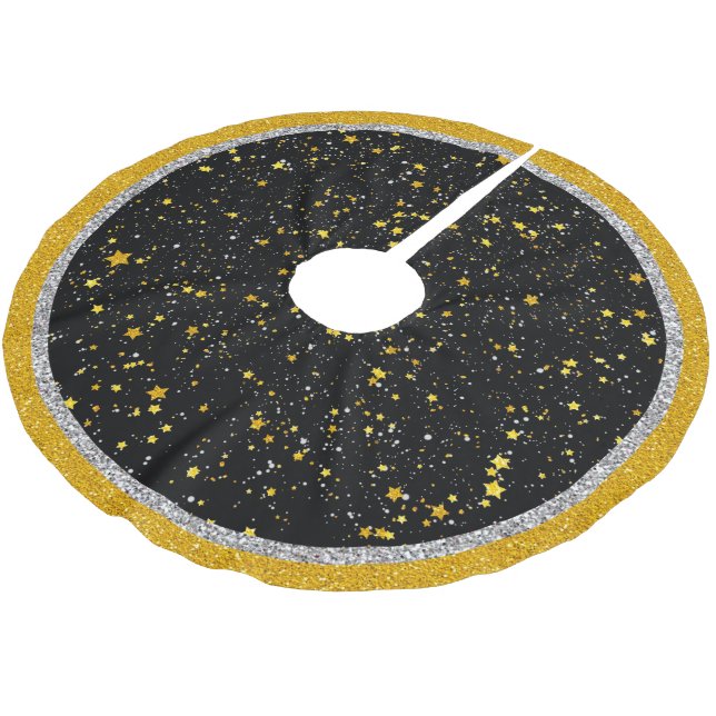 Glitter Stars3 - Gold Black Brushed Polyester Tree Skirt (Angled)