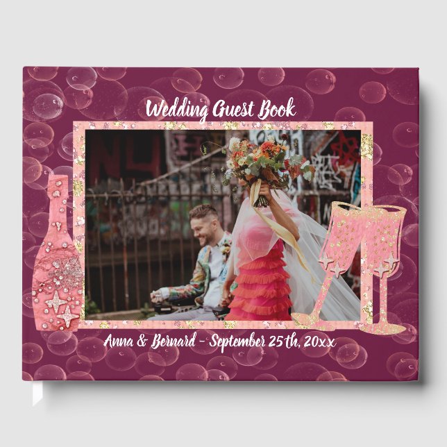 Glitter Stars Burgundy Champagne Bubbles & Photo  Guest Book (Front)