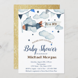 Glitter,Stars,Clouds,Aeroplane Baby Shower Invitation