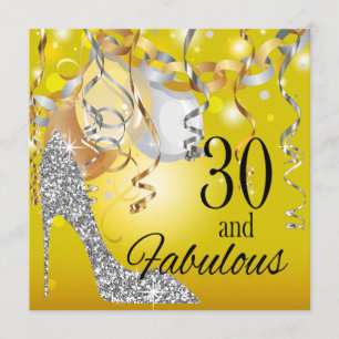 Glitter Stiletto 30th Birthday   yellow silver Invitation