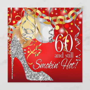 Glitter Stiletto 60th Birthday   red silver Invitation