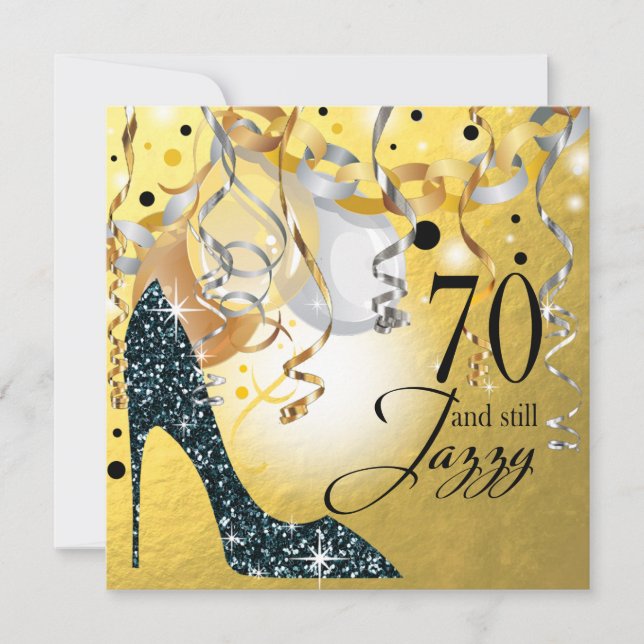 Glitter Stiletto 70th Birthday | gold black silver Invitation (Front)