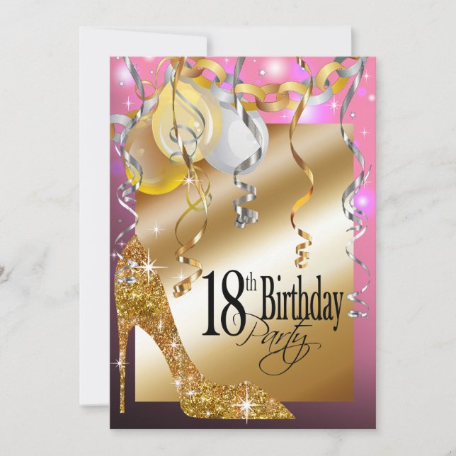 Glitter Stiletto Balloons 18th Birthday pink Invitation (Front)