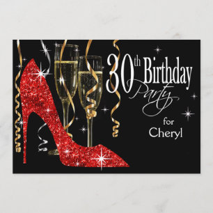 Glitter Stiletto Champagne 30th Birthday Red Invitation