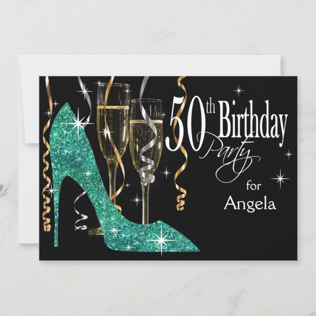 Glitter Stiletto Champagne 50th Birthday Teal Invitation (Front)