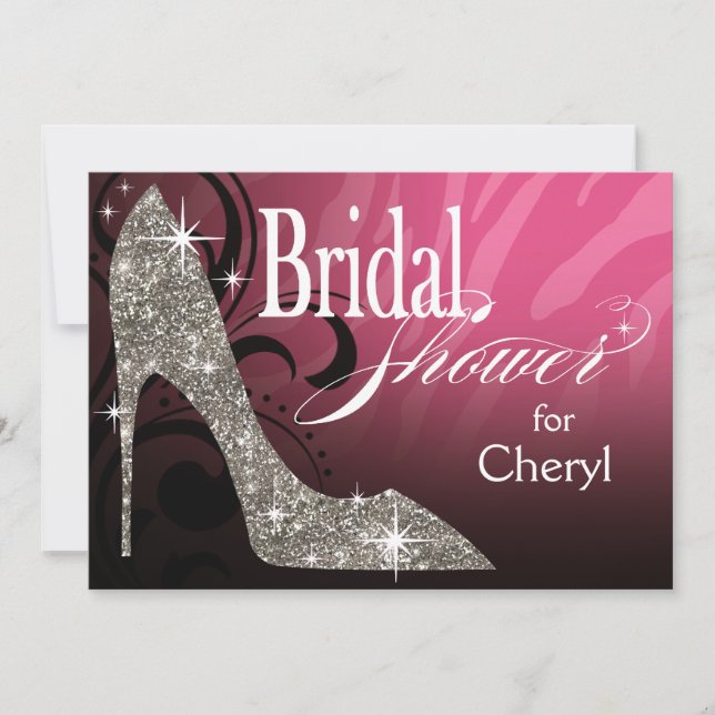 Glitter Stiletto Zebra Bridal Shower pink silver Invitation (Front)