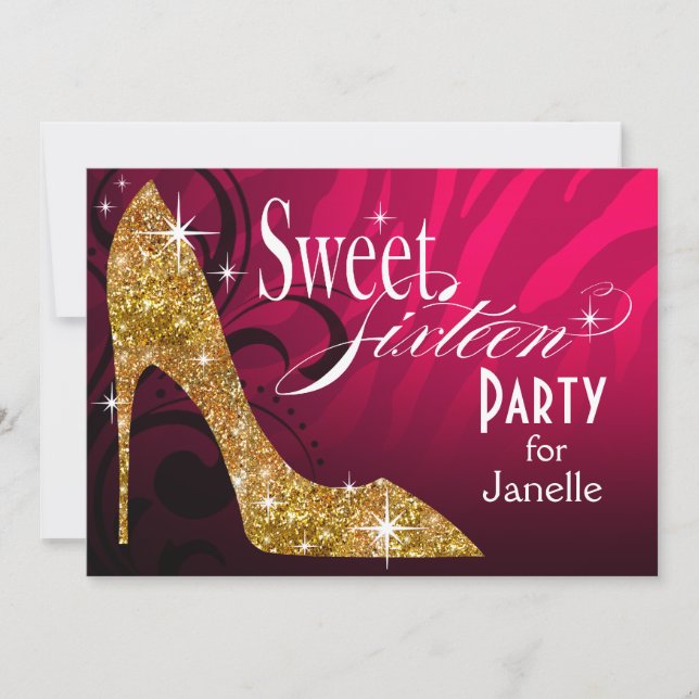 Glitter Stiletto Zebra Sweet 16 Party fuschia gold Invitation (Front)