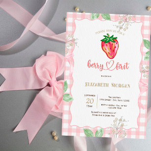 Glitter Strawberry Frame Plaid Baby Shower Invitation