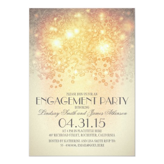 glitter string lights vintage engagement party card