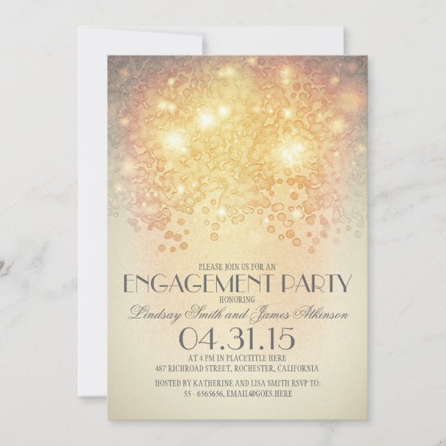 glitter string lights vintage engagement party invitation (Front)