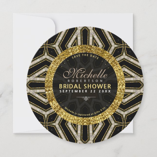 Glitter Style Gold Black Cross Bridal Shower Round Invitation (Front)