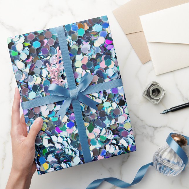 Glitter Style Wrapping Paper (A vibrant roll of wrapping paper covered in colorful shimmering confetti patterns. )
