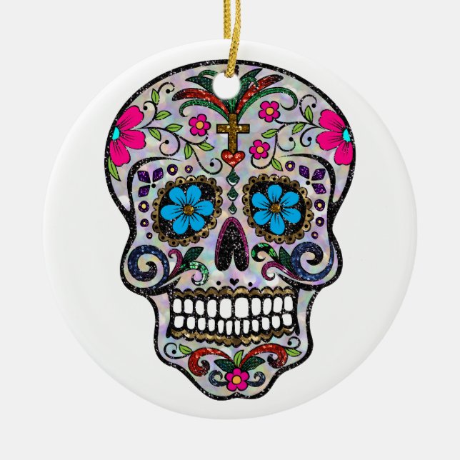 glitter Sugar Skull Ceramic Ornament (Front)