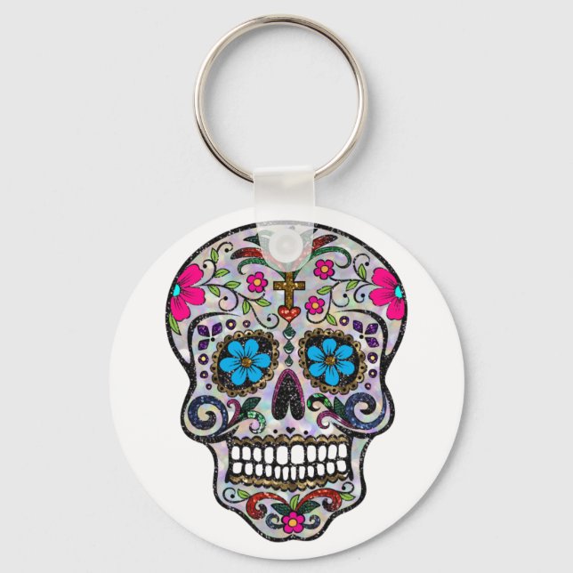 glitter Sugar Skull Key Ring (Front)