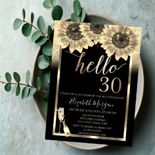 Glitter,Sunflowers,Glass Black 30th Birthday Party Invitation