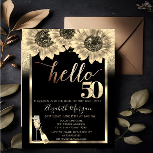 Glitter,Sunflowers,Glass Black 50th Birthday Party Invitation