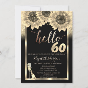 Glitter,Sunflowers,Glass Black 60th Birthday Party Invitation