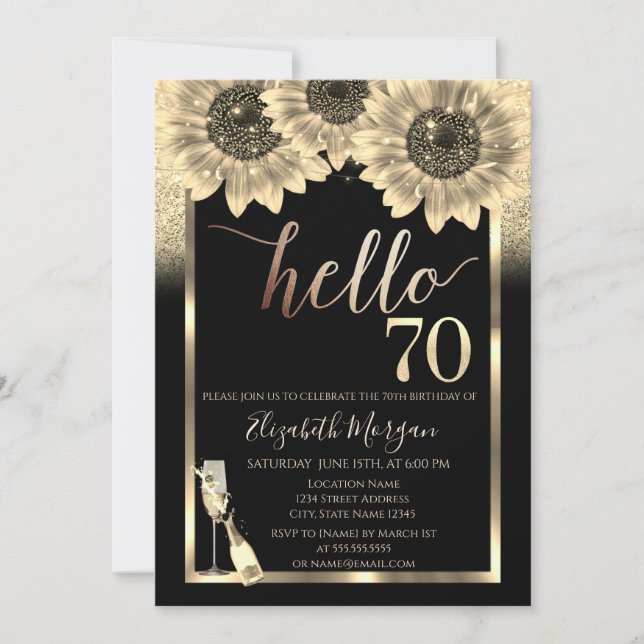 Glitter,Sunflowers,Glass Black 70th Birthday Party Invitation (Front)