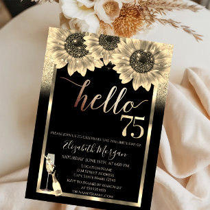 Glitter,Sunflowers,Glass Black 75th Birthday Party Invitation