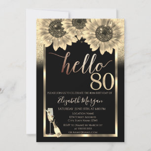 Glitter,Sunflowers,Glass Black 80th Birthday Party Invitation