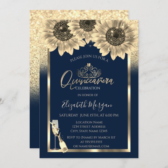 Glitter,Sunflowers,Glass Tiara Blue Quinceanera Invitation (Front/Back)