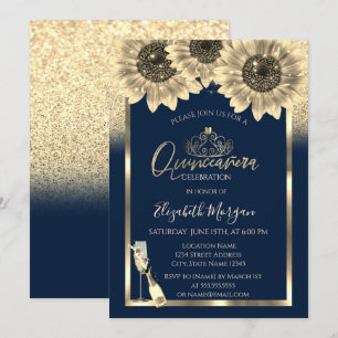 Glitter,Sunflowers,Glass Tiara Blue Quinceanera Invitation