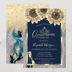 Glitter,Sunflowers,GlassTiara Marble Quinceanera Invitation