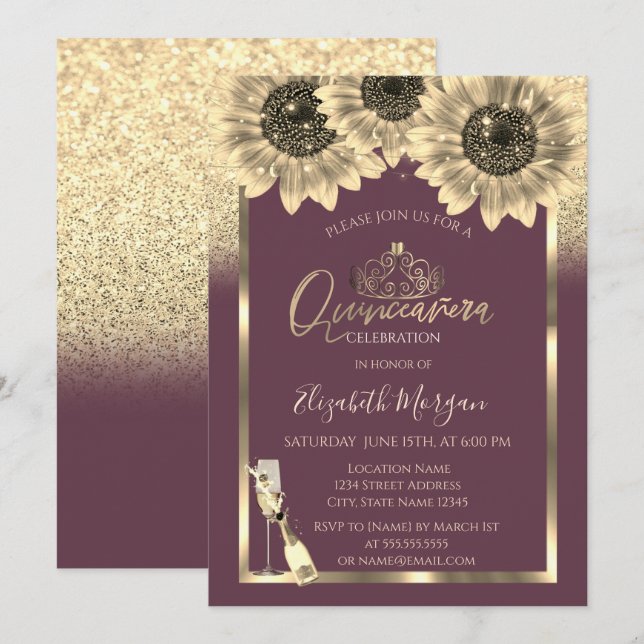 Glitter,Sunflowers,Tiara Burgundy Quinceanera  Invitation (Front/Back)